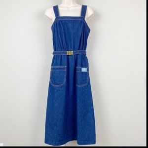 Vintage 80s Touché Blue Denim Jean Apron Overall Dress with Belt